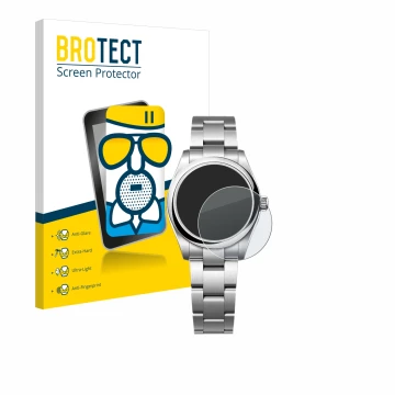 Face avant d’un emballage produit avec le logo de la marque BROTECT. À côté, l’appareil Rolex Oyster Perpetual 31 est représen