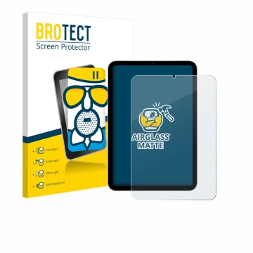 Face avant d’un emballage produit avec le logo de la marque BROTECT. À côté, l’appareil Apple iPad Mini 7 WiFi 2024 est représ