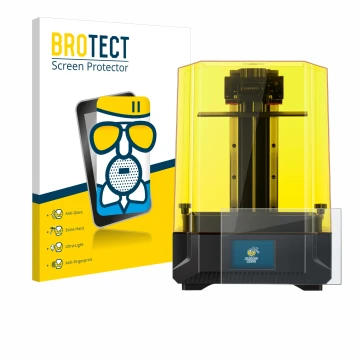 Face avant d’un emballage produit avec le logo de la marque BROTECT. À côté, l’appareil Anycubic Photon Mono X2 9,1