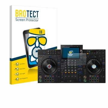 Face avant d’un emballage produit avec le logo de la marque BROTECT. À côté, l’appareil AlphaTheta XDJ-AZ est représenté avec 