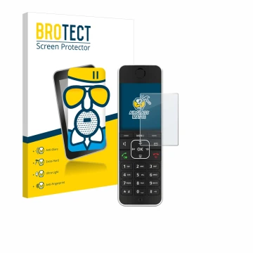 Face avant d’un emballage produit avec le logo de la marque BROTECT. À côté, l’appareil AVM Fritz!Fon C6 Black est représenté 