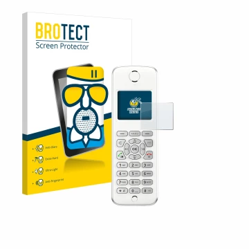 Face avant d’un emballage produit avec le logo de la marque BROTECT. À côté, l’appareil AVM Fritz!Fon M2 est représenté avec l
