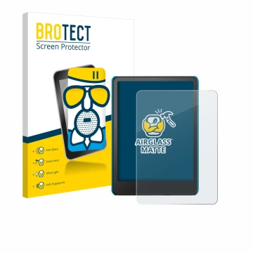 Face avant d’un emballage produit avec le logo de la marque BROTECT. À côté, l’appareil Amazon Kindle Paperwhite Kids 2024 est