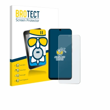 Face avant d’un emballage produit avec le logo de la marque BROTECT. À côté, l’appareil ZTE Blade A35 est représenté avec la p