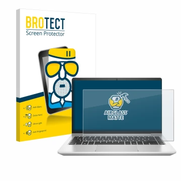 Face avant d’un emballage produit avec le logo de la marque BROTECT. À côté, l’appareil HP ProBook 445 G9 est représenté avec 