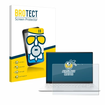 Face avant d’un emballage produit avec le logo de la marque BROTECT. À côté, l’appareil ASUS ZenBook S 14 UX5406 est représent