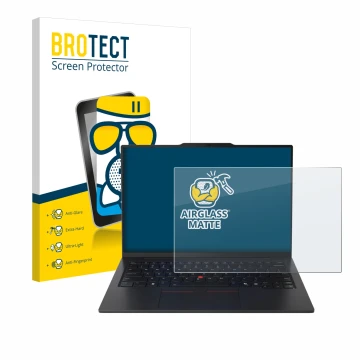 Face avant d’un emballage produit avec le logo de la marque BROTECT. À côté, l’appareil Lenovo ThinkPad X1 Carbon Gen 13 14