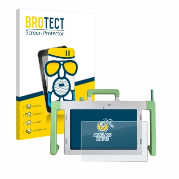 Face avant d’un emballage produit avec le logo de la marque BROTECT. À côté, l’appareil Telemarie Tablet 10.1