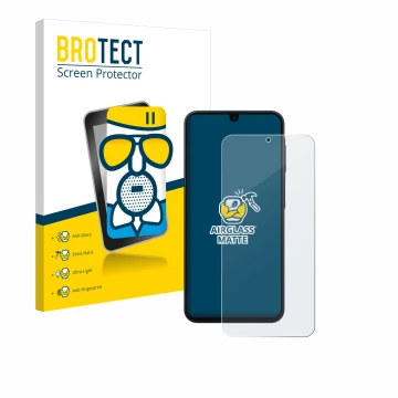 Face avant d’un emballage produit avec le logo de la marque BROTECT. À côté, l’appareil Samsung Galaxy A16 4G est représenté a