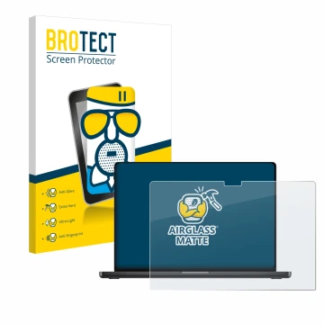 Face avant d’un emballage produit avec le logo de la marque BROTECT. À côté, l’appareil Apple MacBook Pro 16