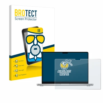 Face avant d’un emballage produit avec le logo de la marque BROTECT. À côté, l’appareil Apple MacBook Pro 14
