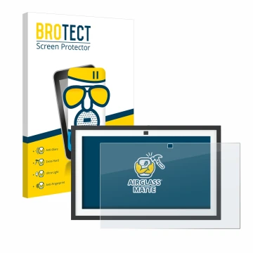 Face avant d’un emballage produit avec le logo de la marque BROTECT. À côté, l’appareil Amazon Echo Show 15 2024 est représent