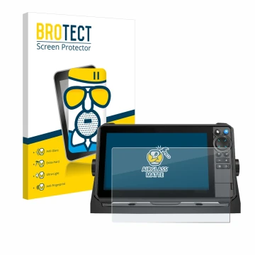 Face avant d’un emballage produit avec le logo de la marque BROTECT. À côté, l’appareil Lowrance HDS-9 Pro est représenté avec
