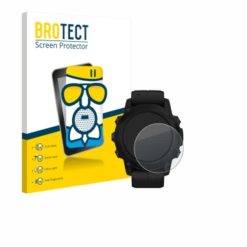 Face avant d’un emballage produit avec le logo de la marque BROTECT. À côté, l’appareil Garmin Descent G1 Solar est représenté