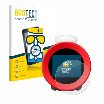 Face avant d’un emballage produit avec le logo de la marque BROTECT. À côté, l’appareil Nintendo Sound Clock Alarmo est représ