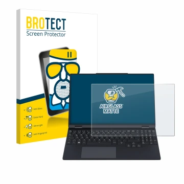 Face avant d’un emballage produit avec le logo de la marque BROTECT. À côté, l’appareil Tuxedo InfinityBook Pro 15 Gen 9 est r