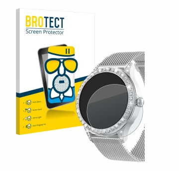Face avant d’un emballage produit avec le logo de la marque BROTECT. À côté, l’appareil Powerwill Smartwatch 1.27