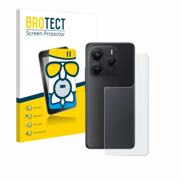 Face avant d’un emballage produit avec le logo de la marque BROTECT. À côté, l’appareil Xiaomi Redmi Note 14 (Arrière) est rep