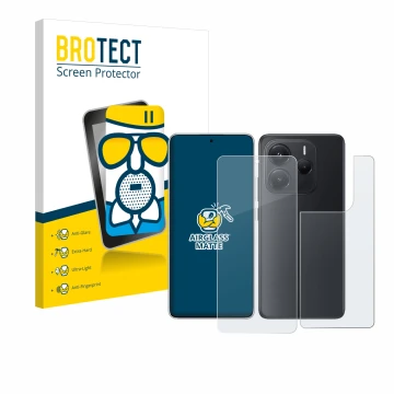 Face avant d’un emballage produit avec le logo de la marque BROTECT. À côté, l’appareil Xiaomi Redmi Note 14 (Avant+Arrière) e