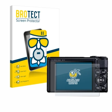 Face avant d’un emballage produit avec le logo de la marque BROTECT. À côté, l’appareil Canon PowerShot SX740 HS Lite est repr