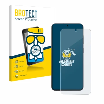 Face avant d’un emballage produit avec le logo de la marque BROTECT. À côté, l’appareil Samsung Galaxy S25 Plus est représenté