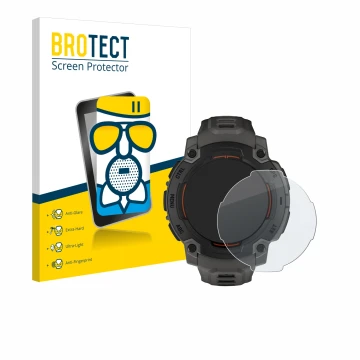 Face avant d’un emballage produit avec le logo de la marque BROTECT. À côté, l’appareil Garmin Instinct E (45 mm) est représen