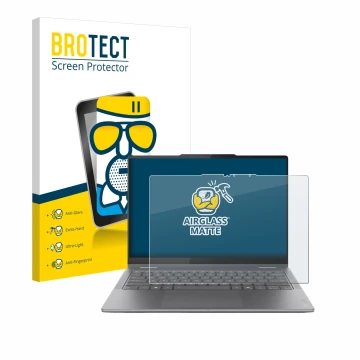 Face avant d’un emballage produit avec le logo de la marque BROTECT. À côté, l’appareil Lenovo Yoga 7i 2-in-1 Gen 10 14