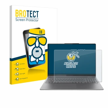 Face avant d’un emballage produit avec le logo de la marque BROTECT. À côté, l’appareil Lenovo Yoga 7 2-in-1 Gen 10 16