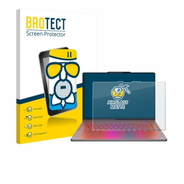 Face avant d’un emballage produit avec le logo de la marque BROTECT. À côté, l’appareil Lenovo Yoga 9i 2-in-1 Gen 10 14