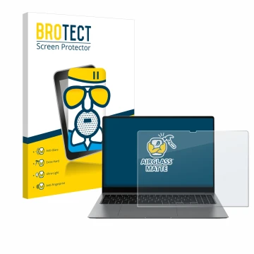 Face avant d’un emballage produit avec le logo de la marque BROTECT. À côté, l’appareil Samsung Galaxy Book5 Pro 16