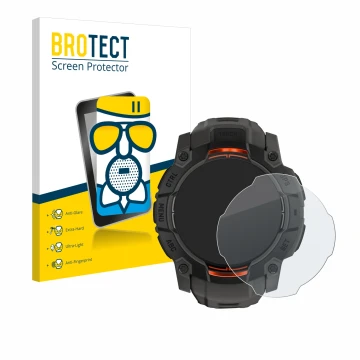 Face avant d’un emballage produit avec le logo de la marque BROTECT. À côté, l’appareil Garmin Instinct 3 Solar (45 mm) est re