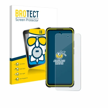 Face avant d’un emballage produit avec le logo de la marque BROTECT. À côté, l’appareil Ulefone Armor X31 Pro 5G est représent