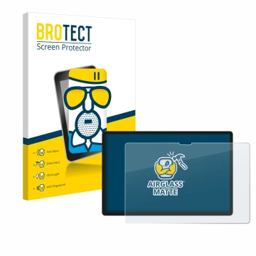 Face avant d’un emballage produit avec le logo de la marque BROTECT. À côté, l’appareil Lenovo Yoga Tab 2025 est représenté av