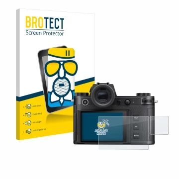 Face avant d’un emballage produit avec le logo de la marque BROTECT. À côté, l’appareil Leica SL3-S (Affichage + affichage des