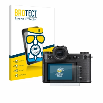 Face avant d’un emballage produit avec le logo de la marque BROTECT. À côté, l’appareil Leica SL3-S est représenté avec la pro