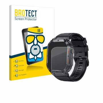 Face avant d’un emballage produit avec le logo de la marque BROTECT. À côté, l’appareil bedee Smartwatch 1.96