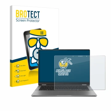 Face avant d’un emballage produit avec le logo de la marque BROTECT. À côté, l’appareil ASUS Vivobook 14 Flip TP3407 est repré