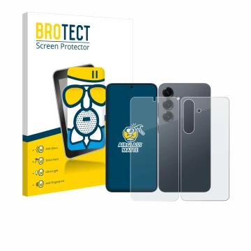 Face avant d’un emballage produit avec le logo de la marque BROTECT. À côté, l’appareil Samsung Galaxy S25 (Avant+Arrière) est