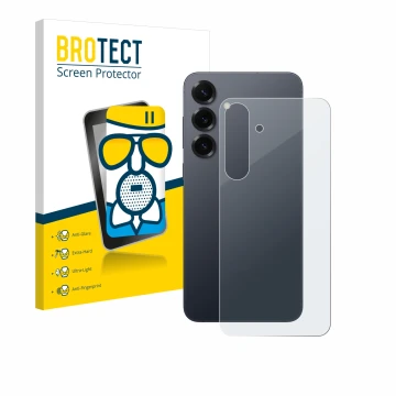 Face avant d’un emballage produit avec le logo de la marque BROTECT. À côté, l’appareil Samsung Galaxy S25 Plus (Arrière) est 