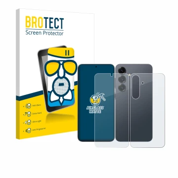 Face avant d’un emballage produit avec le logo de la marque BROTECT. À côté, l’appareil Samsung Galaxy S25 Plus (Avant+Arrière