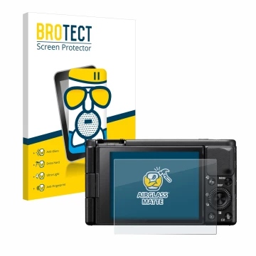 Face avant d’un emballage produit avec le logo de la marque BROTECT. À côté, l’appareil Sony ZV-1A est représenté avec la prot