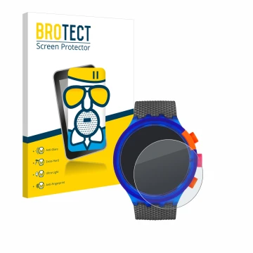 Face avant d’un emballage produit avec le logo de la marque BROTECT. À côté, l’appareil Swatch Neon Party est représenté avec 
