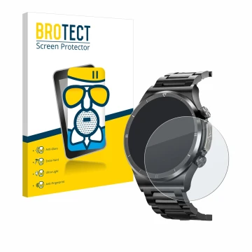 Face avant d’un emballage produit avec le logo de la marque BROTECT. À côté, l’appareil Banlvs Smartwatch 1.39