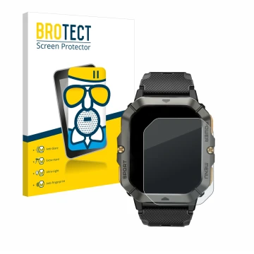 Face avant d’un emballage produit avec le logo de la marque BROTECT. À côté, l’appareil Banlvs Smartwatch 2.02