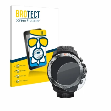 Face avant d’un emballage produit avec le logo de la marque BROTECT. À côté, l’appareil Xiaomi Mibro GS Explorer est représent