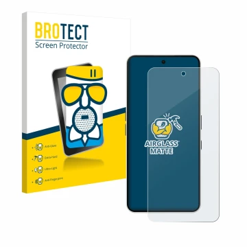 Face avant d’un emballage produit avec le logo de la marque BROTECT. À côté, l’appareil Nothing Phone (3a) est représenté avec