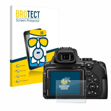 Face avant d’un emballage produit avec le logo de la marque BROTECT. À côté, l’appareil Nikon Coolpix P1100 est représenté ave