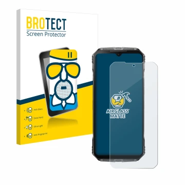Face avant d’un emballage produit avec le logo de la marque BROTECT. À côté, l’appareil Doogee S Cyber Pro est représenté avec