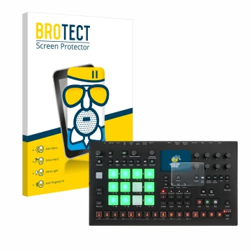 Face avant d’un emballage produit avec le logo de la marque BROTECT. À côté, l’appareil Elektron Analog Rytm MKII est représen
