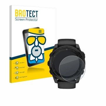 Face avant d’un emballage produit avec le logo de la marque BROTECT. À côté, l’appareil Garmin Tactix 8 AMOLED (51 mm) est rep
